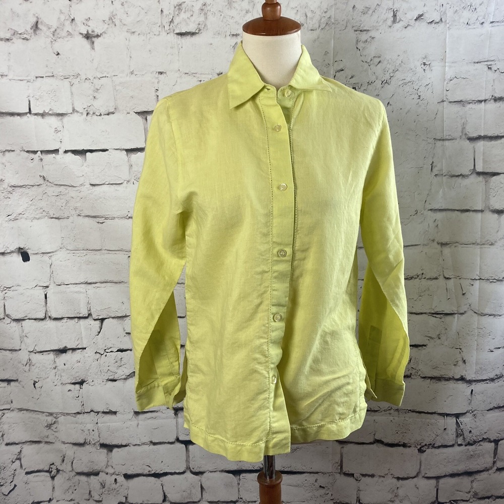 David N Shirt Womens Size Large Petite Yellow Linen Blend Button Front Top